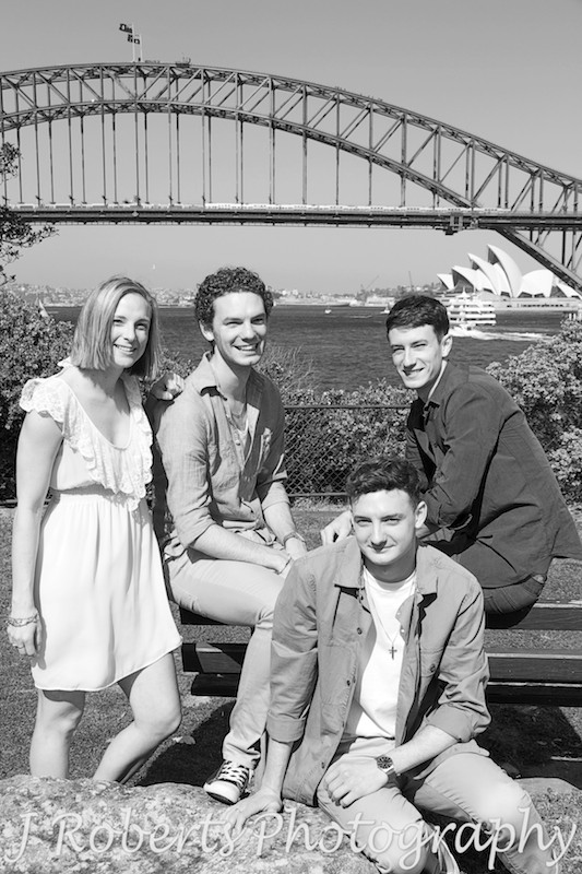 sibling photo with Harbour Bridge in background. Black and White. Family Portrait Photography Sydney